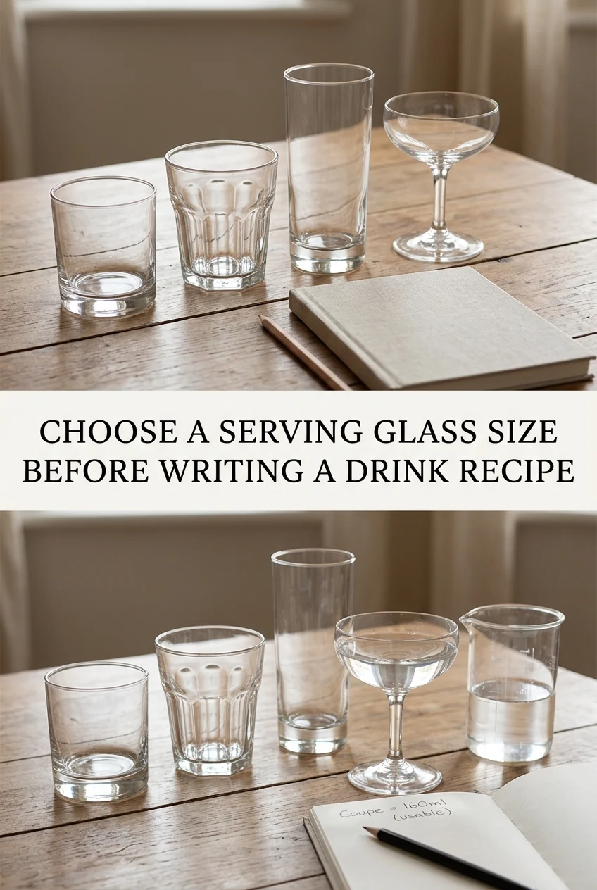 Choose a Serving Glass Size Before Writing a Drink Recipe — AI-generated editorial illustration