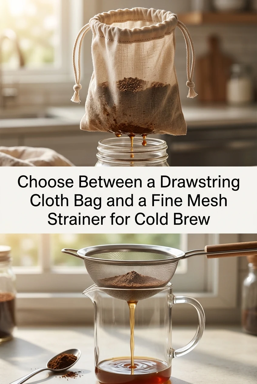 Choose Between a Drawstring Cloth Bag and a Fine Mesh Strainer for Cold Brew — AI-generated editorial illustration