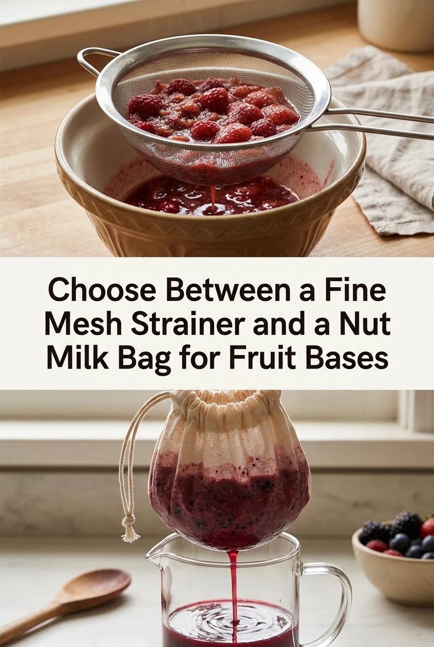 Choose Between a Fine Mesh Strainer and a Nut Milk Bag for Fruit Bases — AI-generated editorial illustration