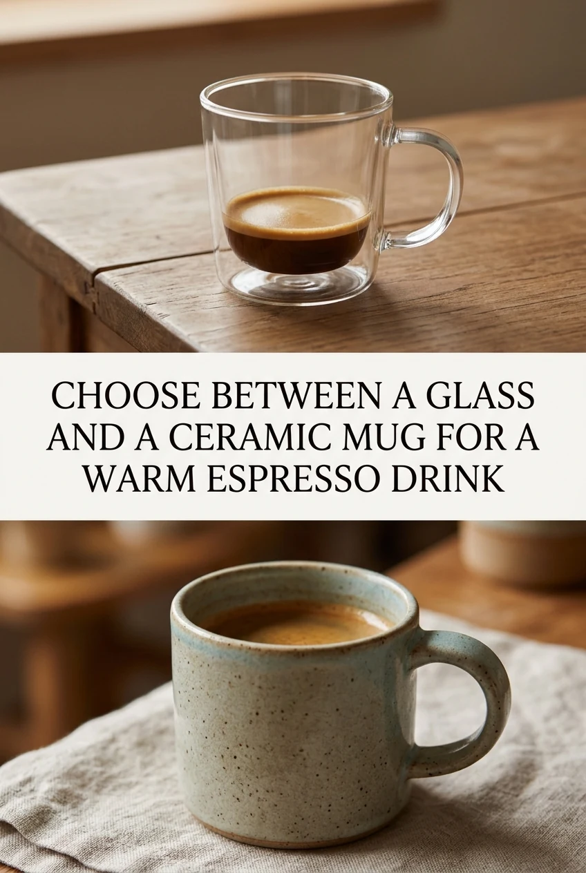 Choose Between a Glass and a Ceramic Mug for a Warm Espresso Drink — AI-generated editorial illustration