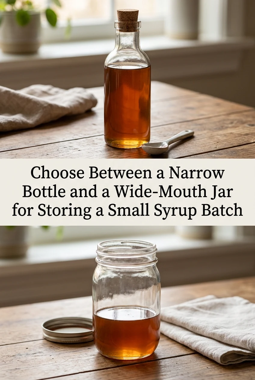 Choose Between a Narrow Bottle and a Wide-Mouth Jar for Storing a Small Syrup Batch — AI-generated editorial illustration