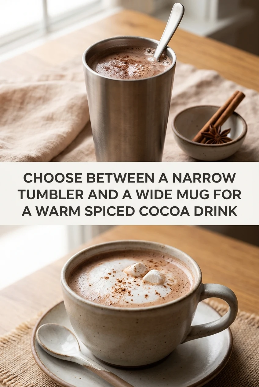 Choose Between a Narrow Tumbler and a Wide Mug for a Warm Spiced Cocoa Drink — AI-generated editorial illustration