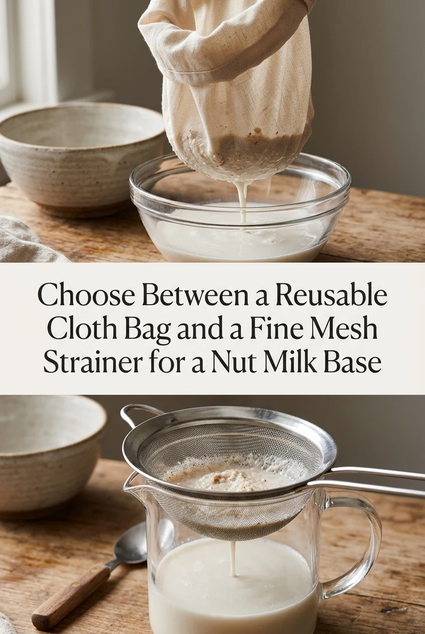 Choose Between a Reusable Cloth Bag and a Fine Mesh Strainer for a Nut Milk Base — AI-generated editorial illustration
