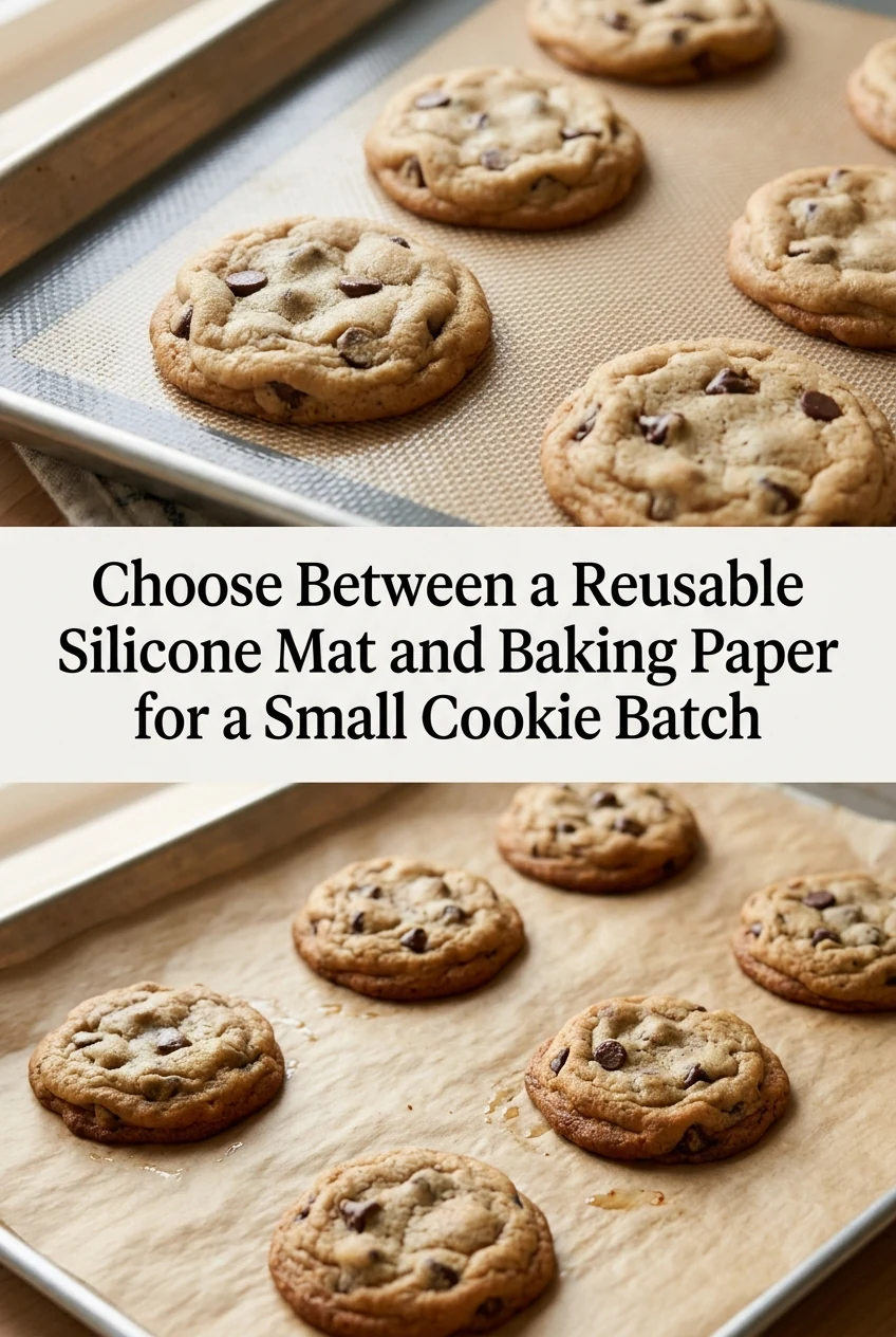 Choose Between a Reusable Silicone Mat and Baking Paper for a Small Cookie Batch — AI-generated editorial illustration
