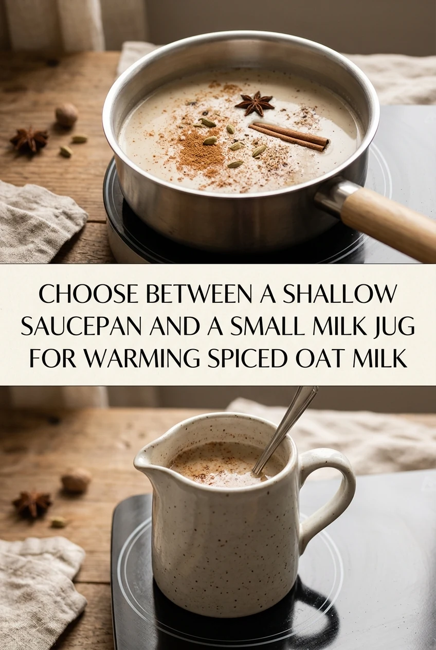Choose Between a Shallow Saucepan and a Small Milk Jug for Warming Spiced Oat Milk — AI-generated editorial illustration