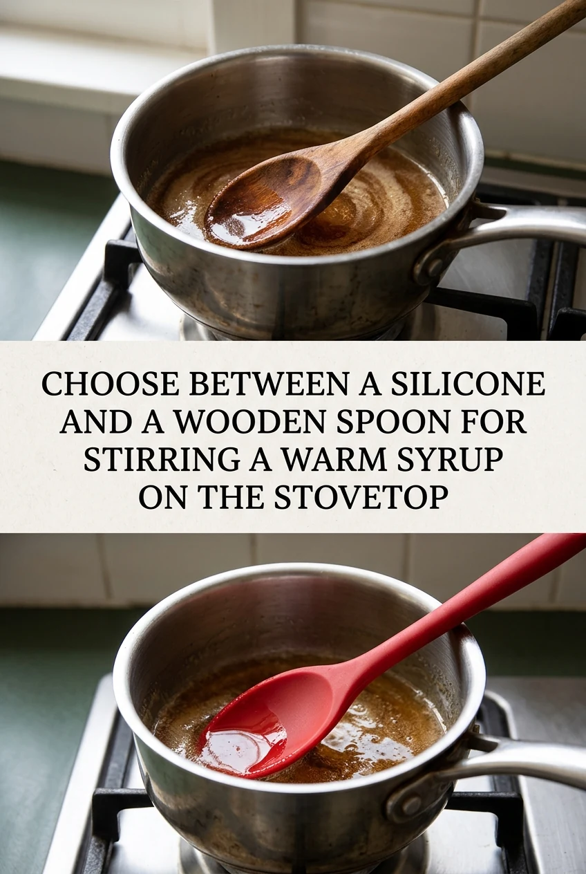 Choose Between a Silicone and a Wooden Spoon for Stirring a Warm Syrup on the Stovetop — AI-generated editorial illustration