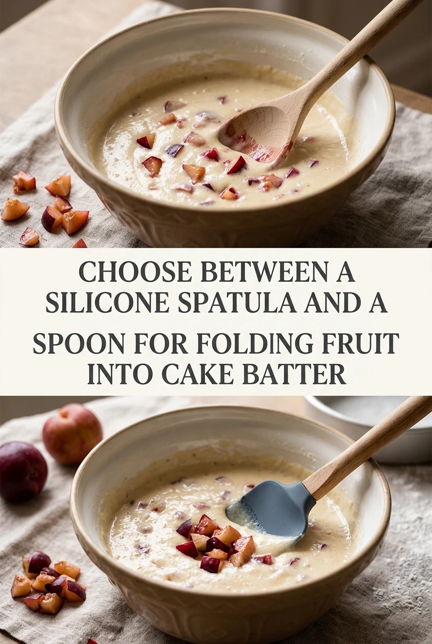 Choose Between a Silicone Spatula and a Wooden Spoon for Folding Fruit Into Cake Batter — AI-generated editorial illustration