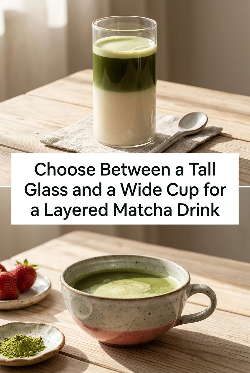 Choose Between a Tall Glass and a Wide Cup for a Layered Matcha Drink — AI-generated editorial illustration