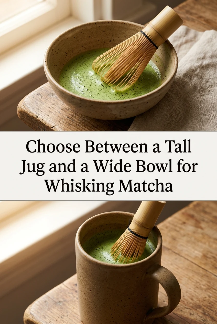 Choose Between a Tall Jug and a Wide Bowl for Whisking Matcha — AI-generated editorial illustration