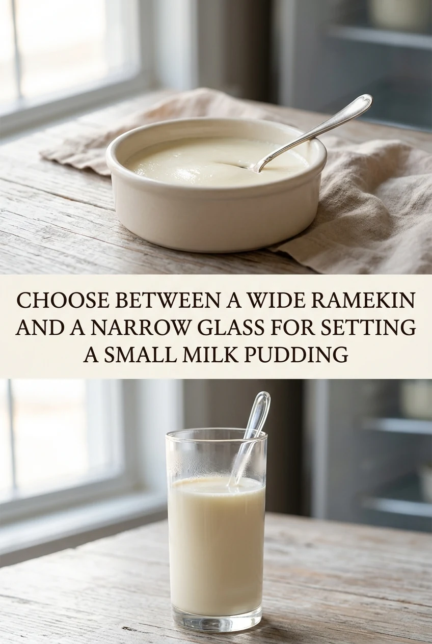 Choose Between a Wide Ramekin and a Narrow Glass for Setting a Small Milk Pudding — AI-generated editorial illustration