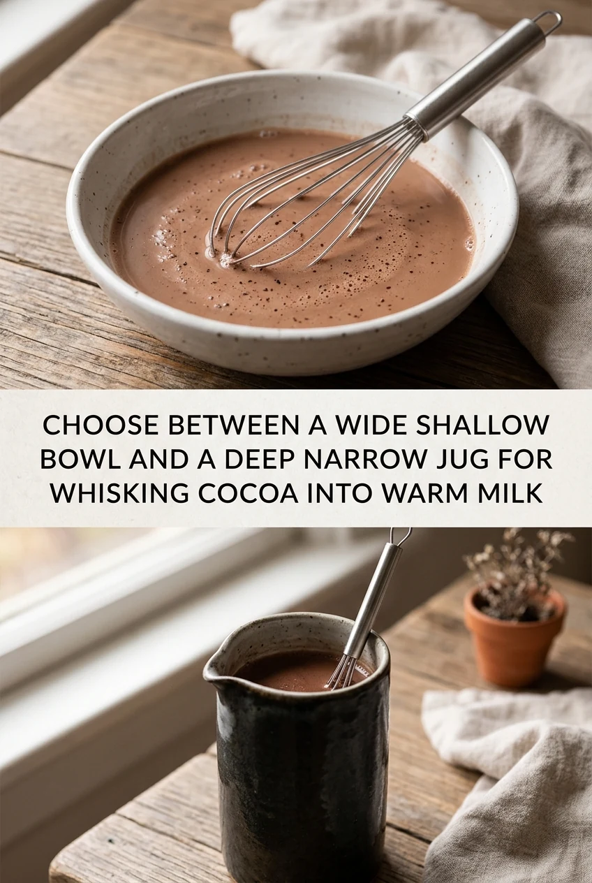 Choose Between a Wide Shallow Bowl and a Deep Narrow Jug for Whisking Cocoa Into Warm Milk — AI-generated editorial illustration