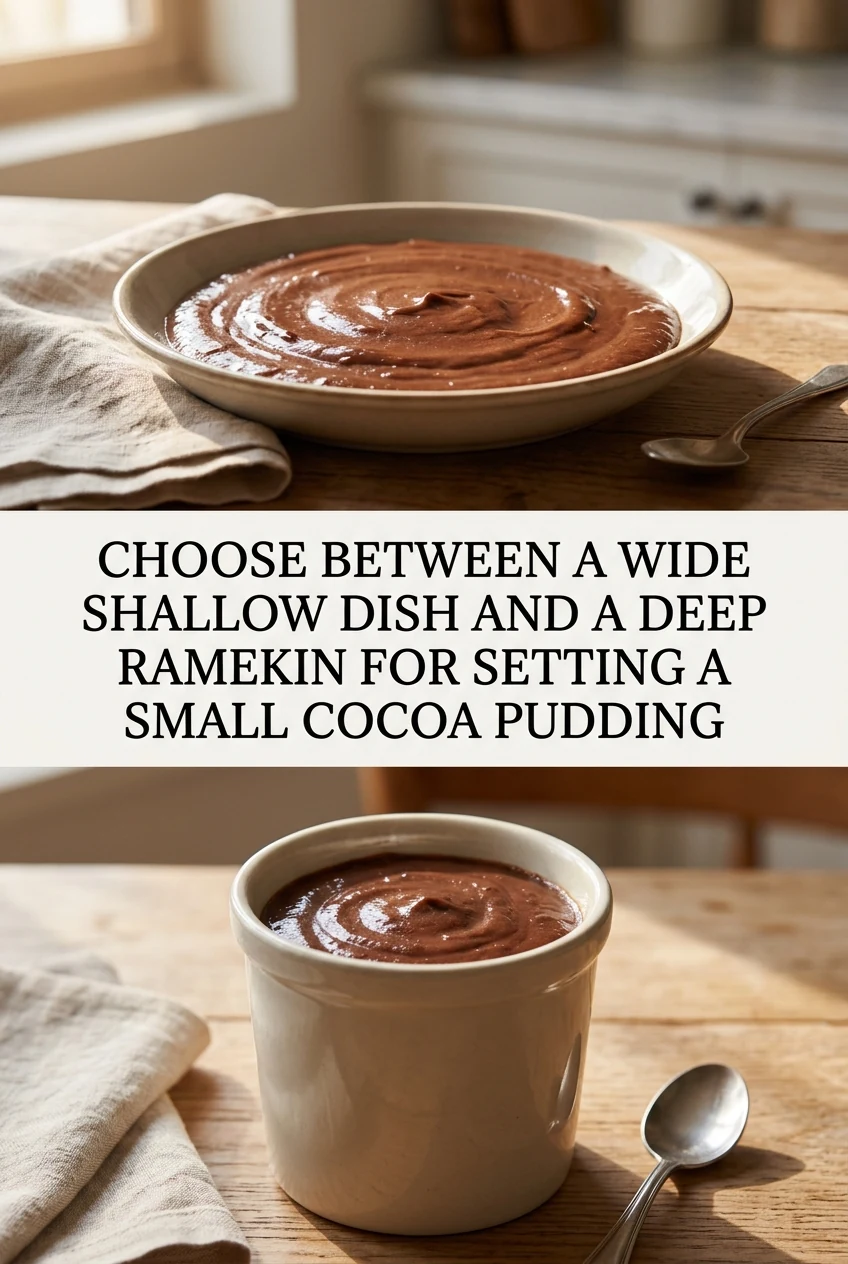 Choose Between a Wide Shallow Dish and a Deep Ramekin for Setting a Small Cocoa Pudding — AI-generated editorial illustration