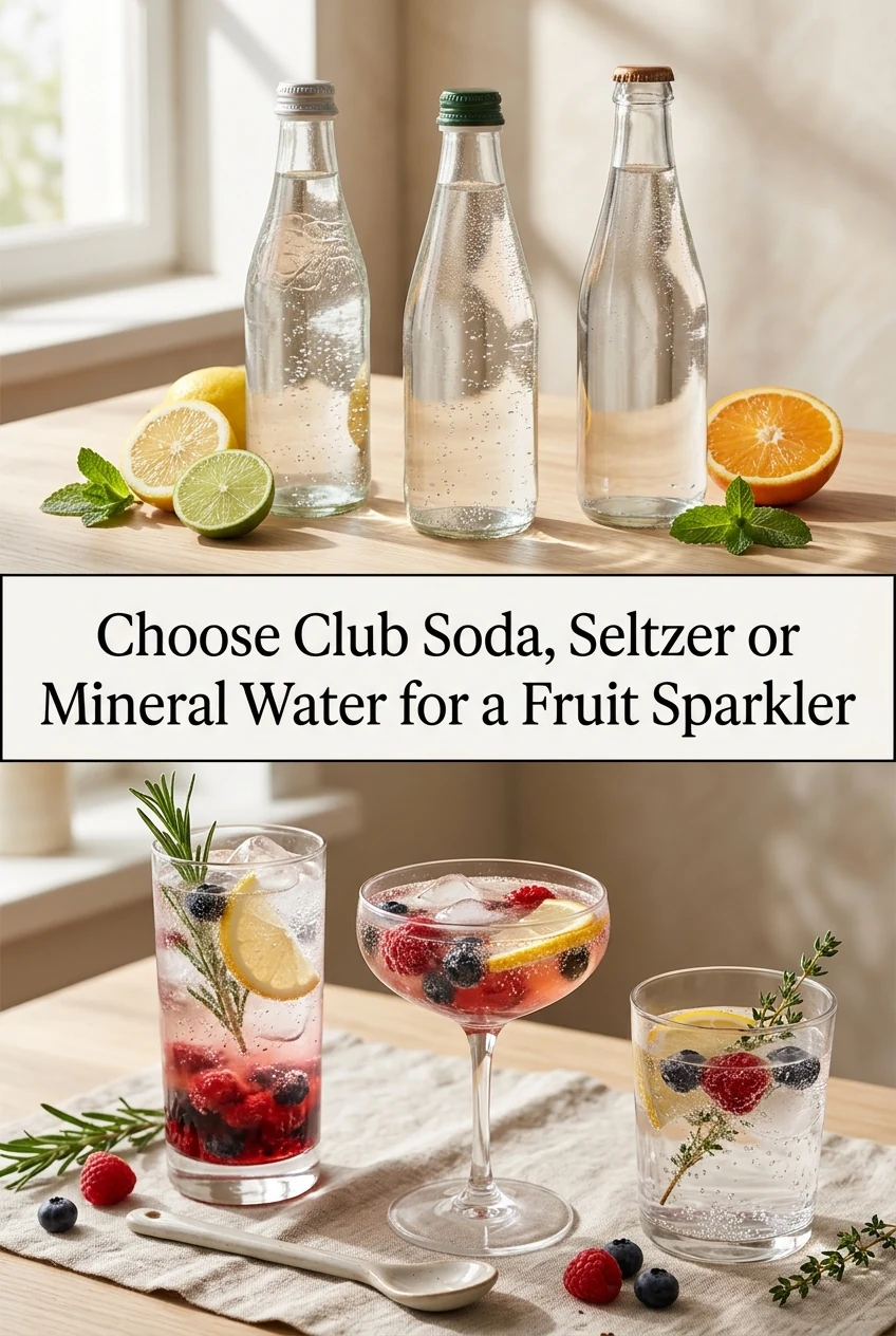 Choose Club Soda, Seltzer or Mineral Water for a Fruit Sparkler — AI-generated editorial illustration