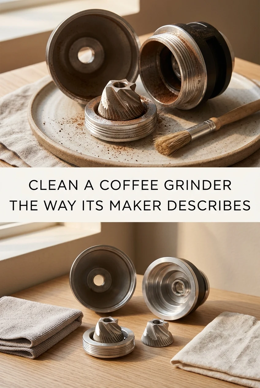 Clean a Coffee Grinder the Way Its Maker Describes — AI-generated editorial illustration