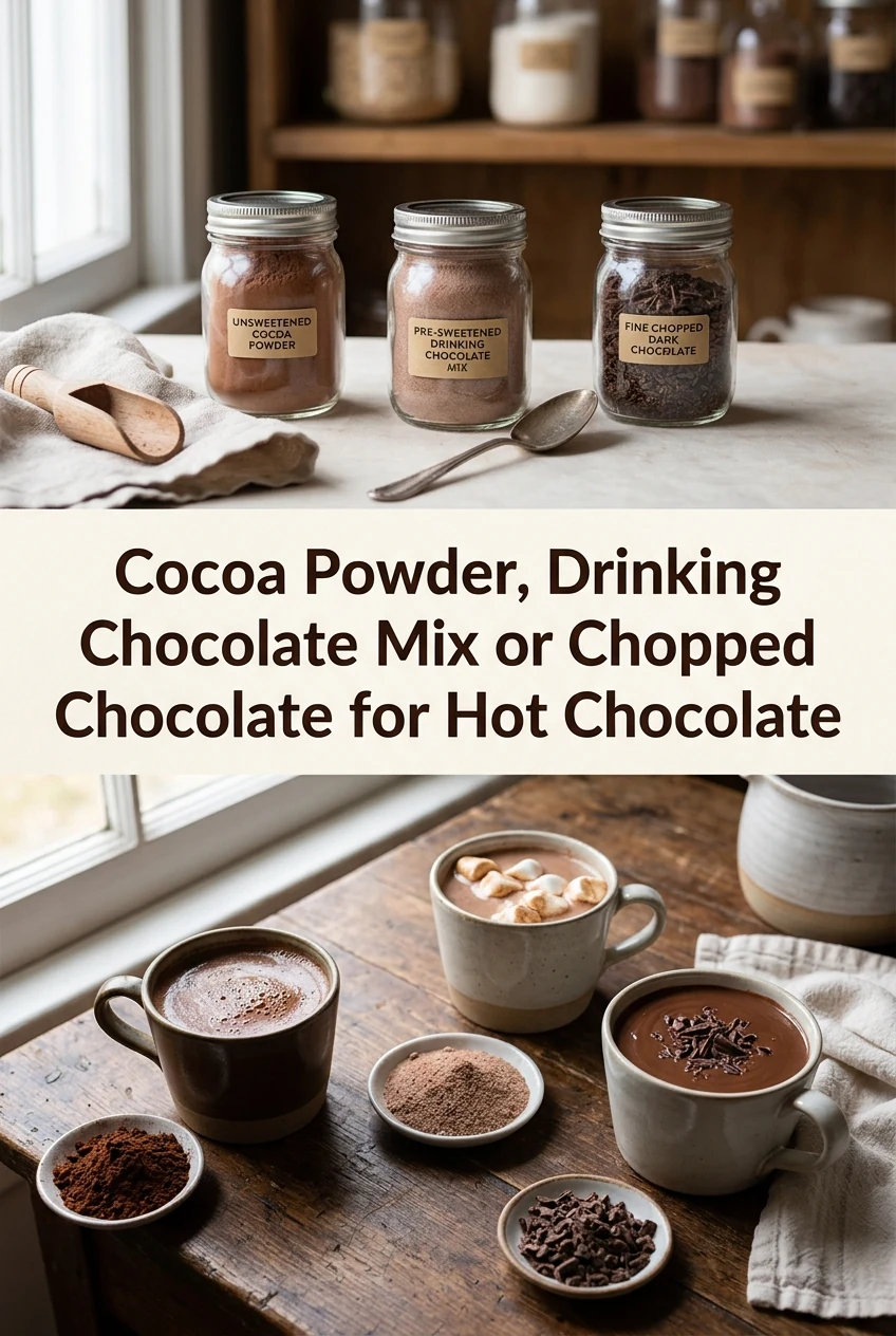 Cocoa Powder, Drinking Chocolate Mix or Chopped Chocolate for Hot Chocolate — AI-generated editorial illustration
