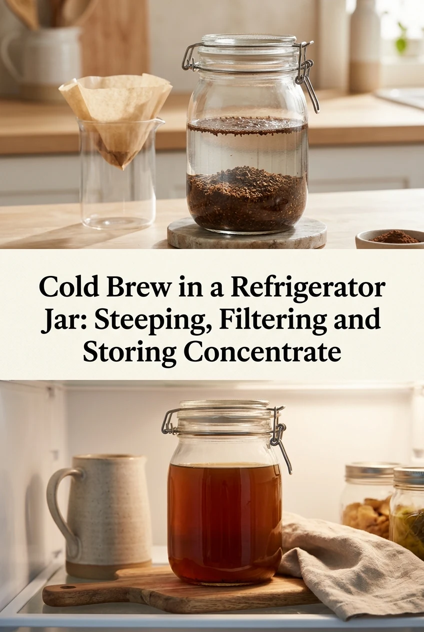 Cold Brew in a Refrigerator Jar: Steeping, Filtering and Storing Concentrate — AI-generated editorial illustration