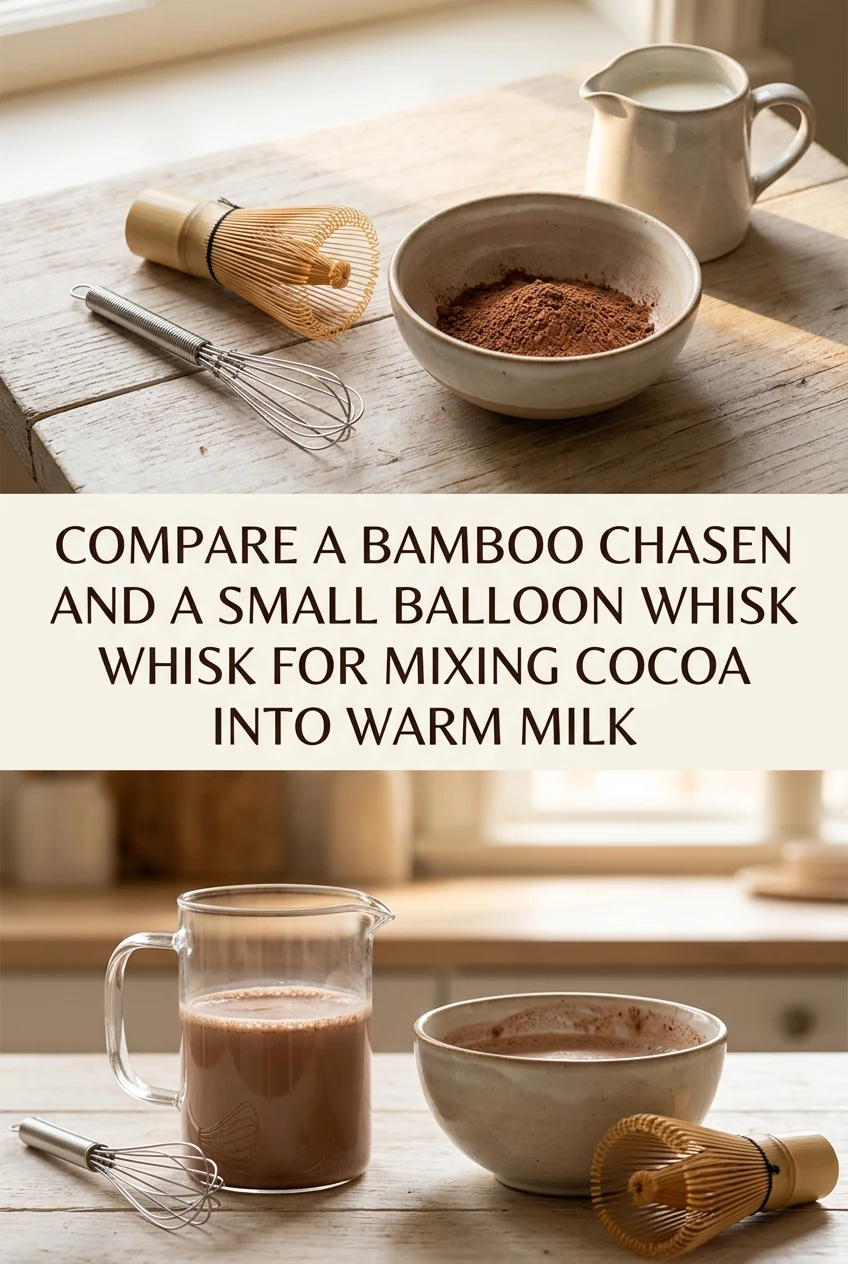 Compare a Bamboo Chasen and a Small Balloon Whisk for Mixing Cocoa Into Warm Milk — AI-generated editorial illustration