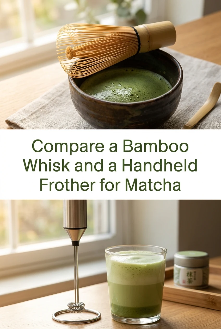 Compare a Bamboo Whisk and a Handheld Frother for Matcha — AI-generated editorial illustration