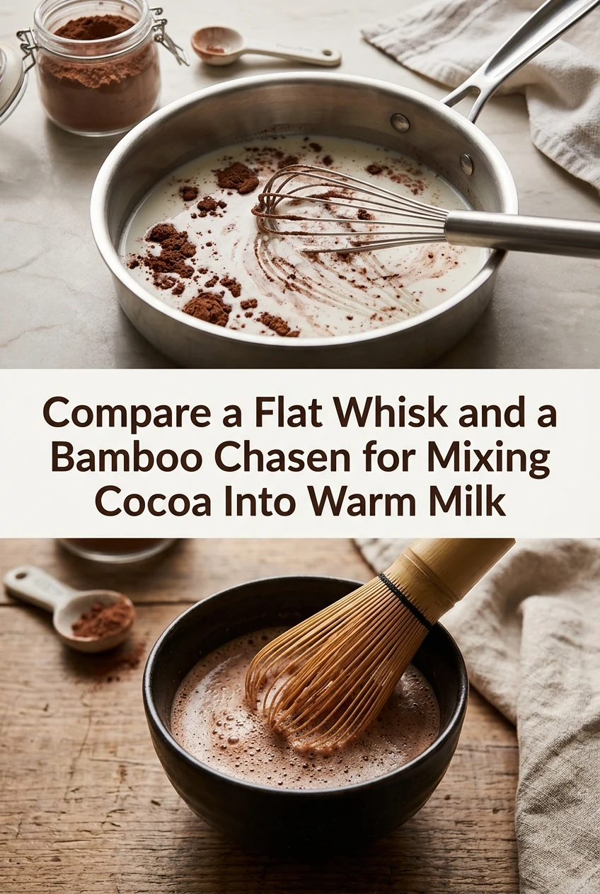 Compare a Flat Whisk and a Bamboo Chasen for Mixing Cocoa Into Warm Milk — AI-generated editorial illustration