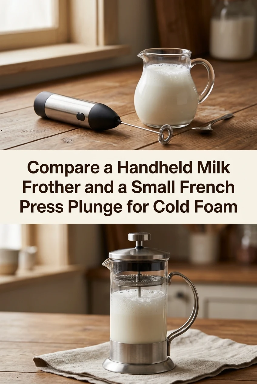 Compare a Handheld Milk Frother and a Small French Press Plunge for Cold Foam — AI-generated editorial illustration