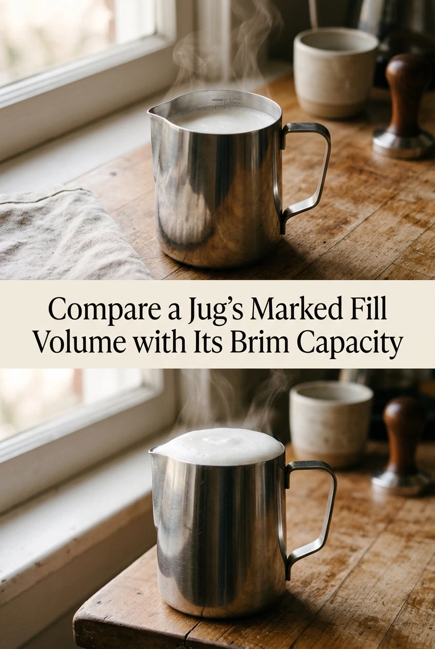 Compare a Jug's Marked Fill Volume with Its Brim Capacity — AI-generated editorial illustration
