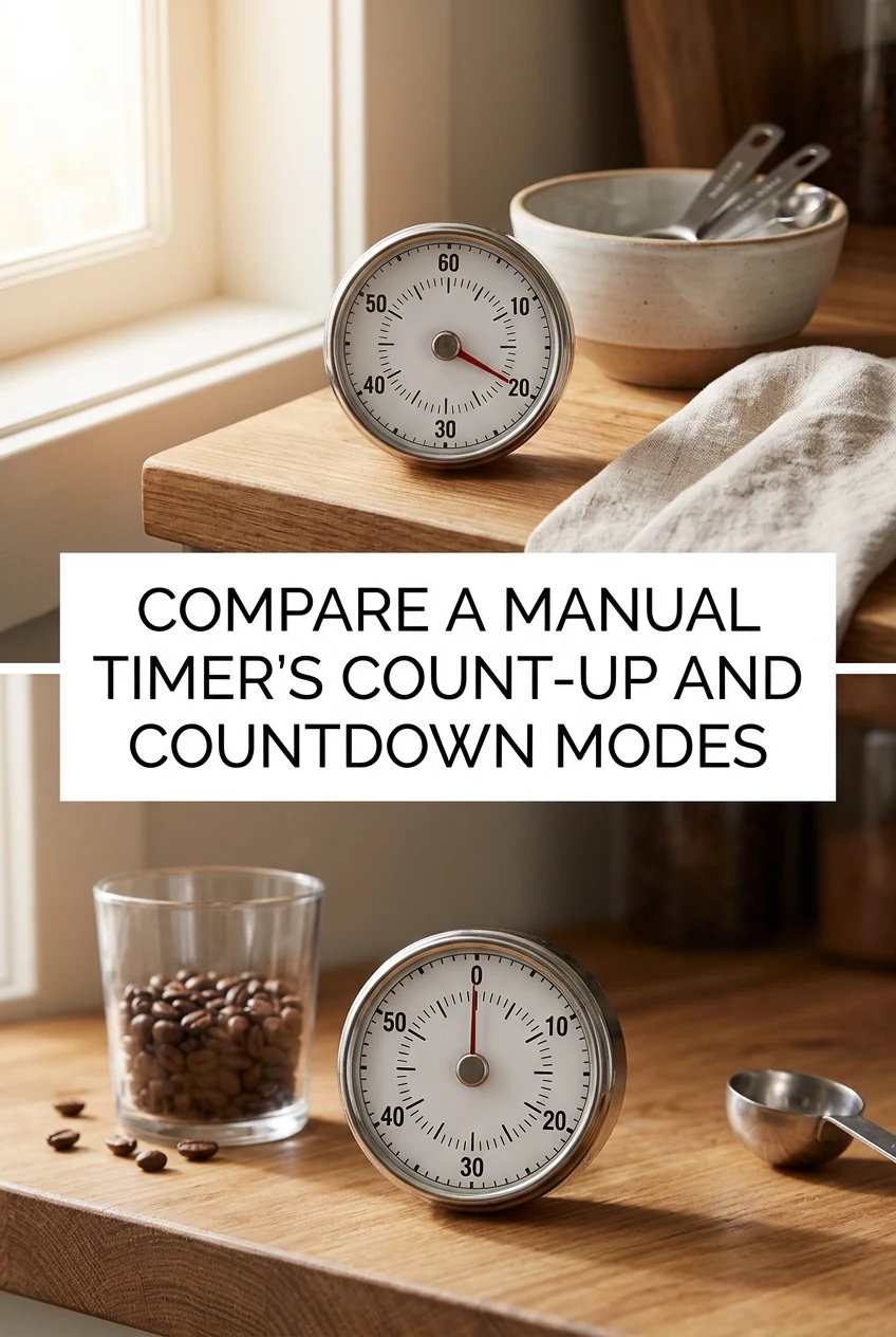 Compare a Manual Timer's Count-Up and Countdown Modes — AI-generated editorial illustration
