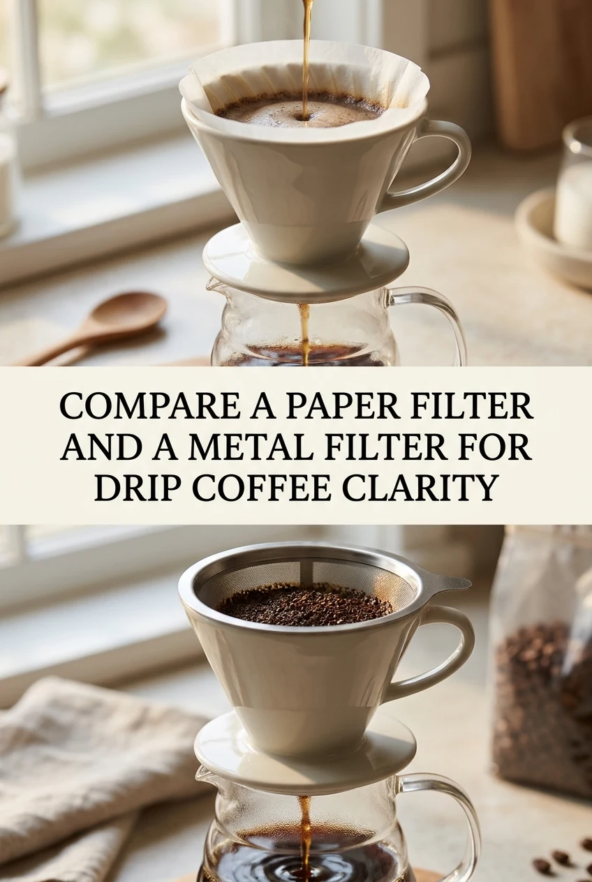 Compare a Paper Filter and a Metal Filter for Drip Coffee Clarity — AI-generated editorial illustration
