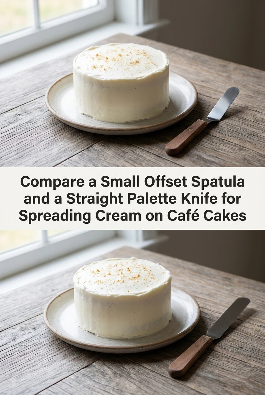 Compare a Small Offset Spatula and a Straight Palette Knife for Spreading Cream on Café Cakes — AI-generated editorial illustration
