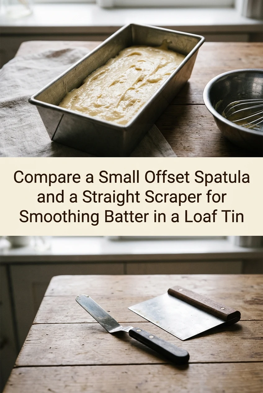 Compare a Small Offset Spatula and a Straight Scraper for Smoothing Batter in a Loaf Tin — AI-generated editorial illustration