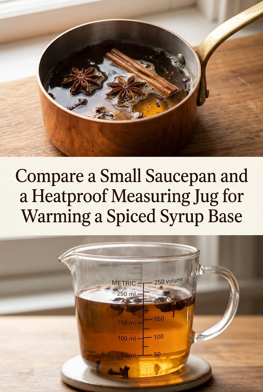 Compare a Small Saucepan and a Heatproof Measuring Jug for Warming a Spiced Syrup Base — AI-generated editorial illustration