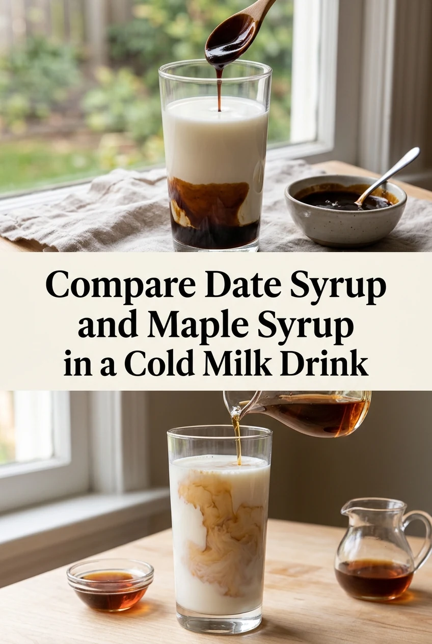 Compare Date Syrup and Maple Syrup in a Cold Milk Drink — AI-generated editorial illustration