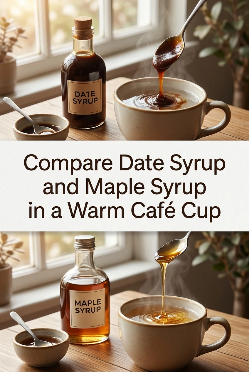 Compare Date Syrup and Maple Syrup in a Warm Café Cup — AI-generated editorial illustration