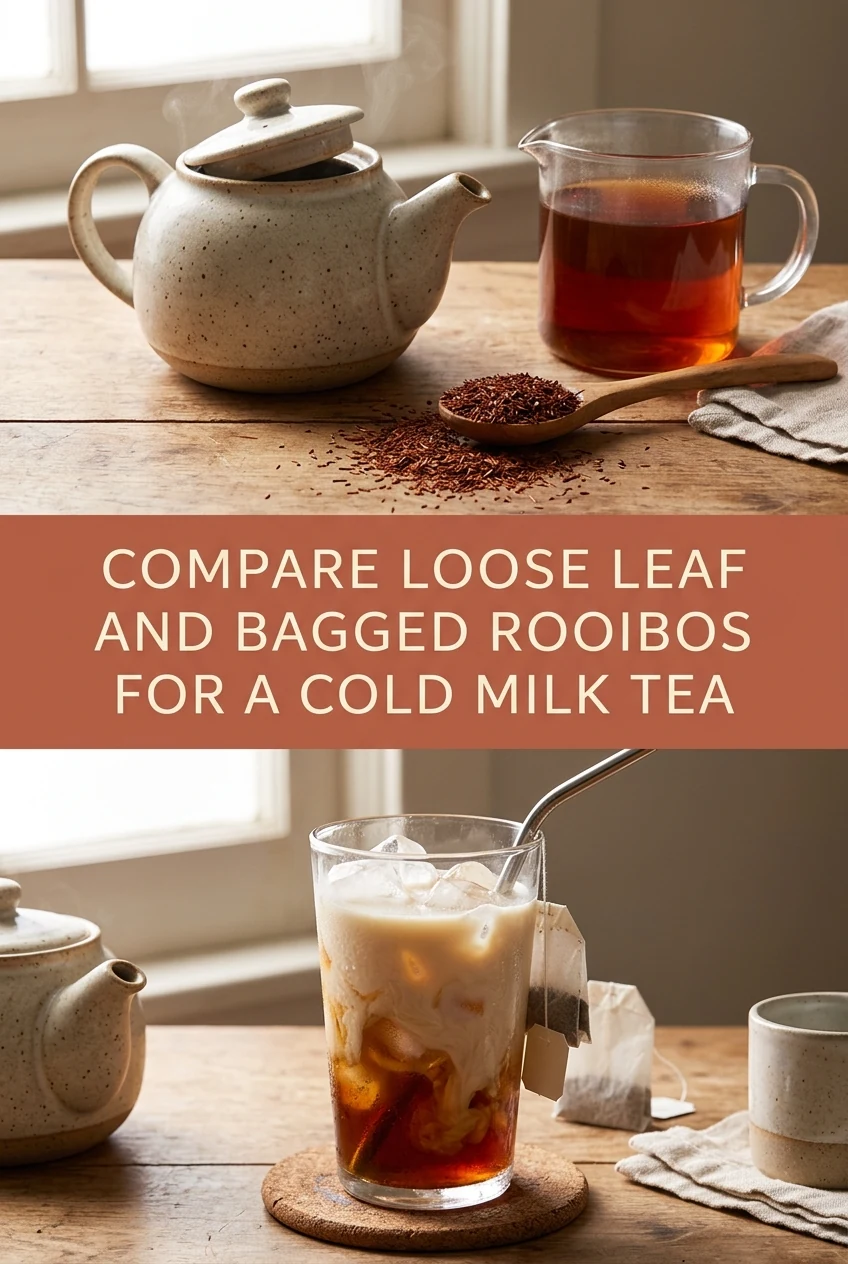 Compare Loose Leaf and Bagged Rooibos for a Cold Milk Tea — AI-generated editorial illustration