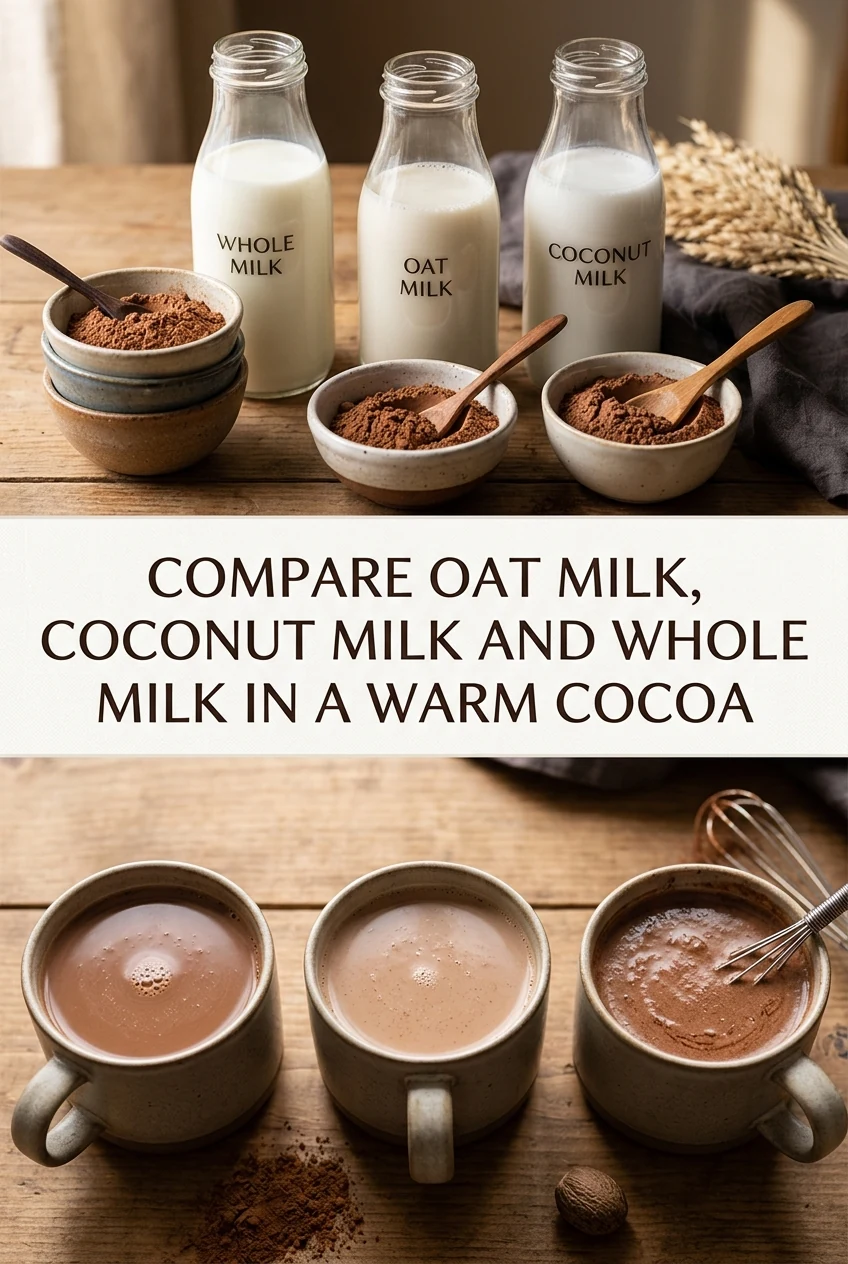 Compare Oat Milk, Coconut Milk and Whole Milk in a Warm Cocoa — AI-generated editorial illustration