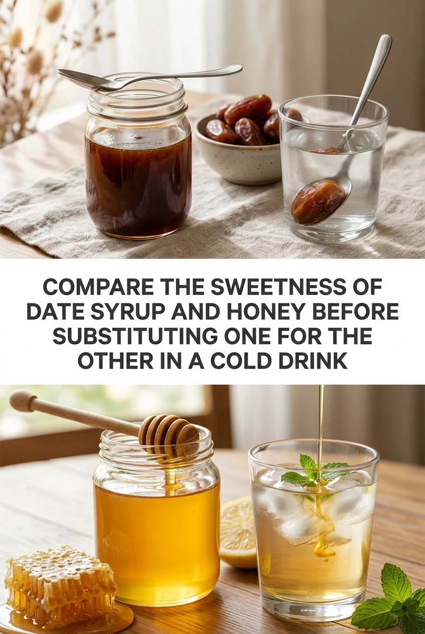 Compare the Sweetness of Date Syrup and Honey Before Substituting One for the Other in a Cold Drink — AI-generated editorial illustration