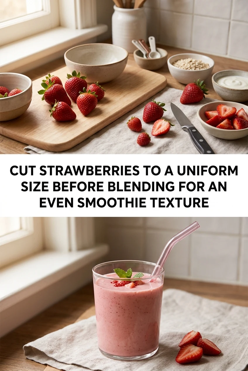 Cut Strawberries to a Uniform Size Before Blending for an Even Smoothie Texture — AI-generated editorial illustration