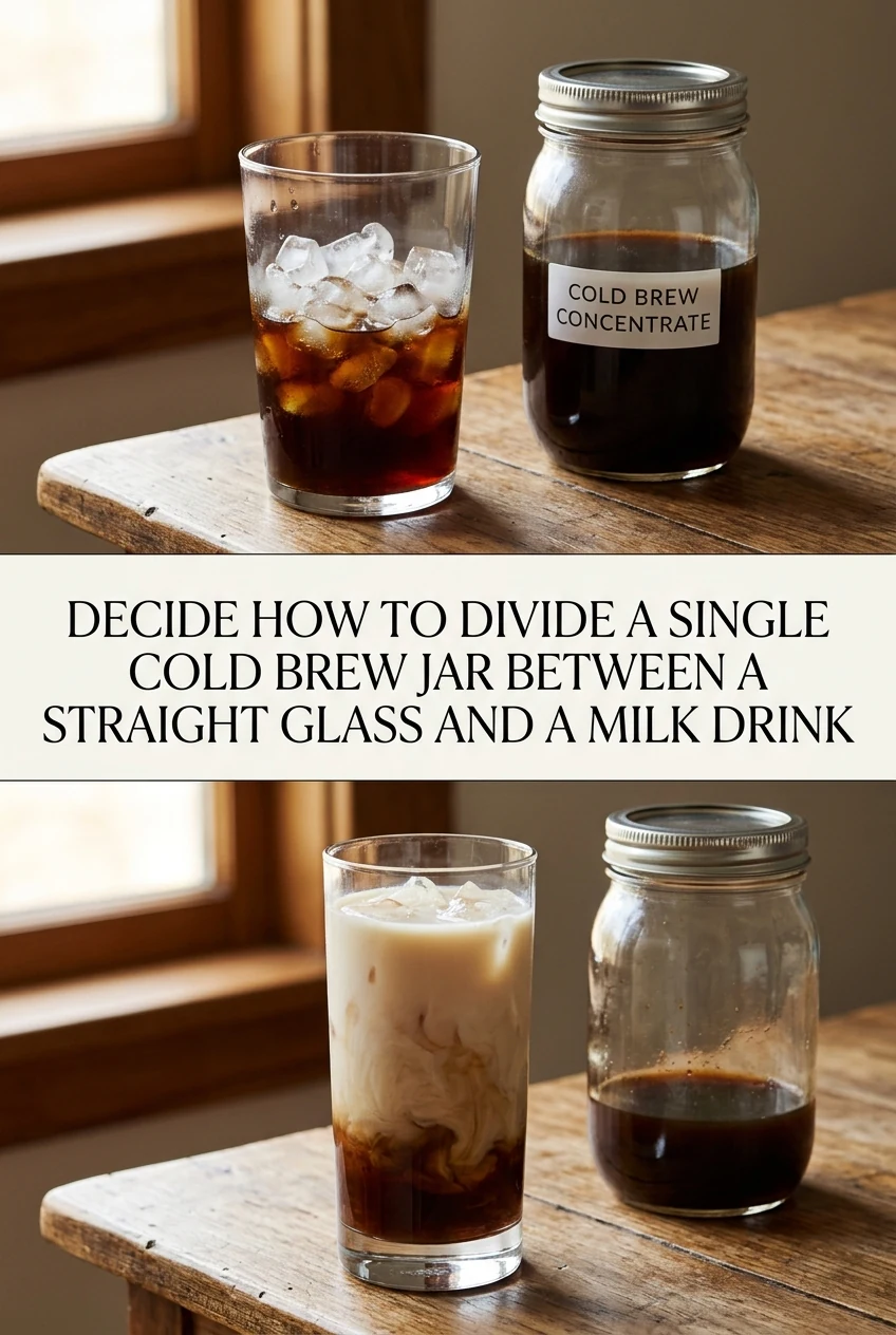 Decide How to Divide a Single Cold Brew Jar Between a Straight Glass and a Milk Drink — AI-generated editorial illustration