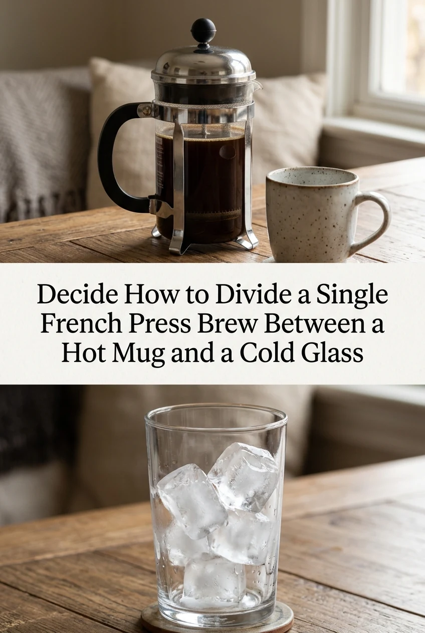 Decide How to Divide a Single French Press Brew Between a Hot Mug and a Cold Glass — AI-generated editorial illustration