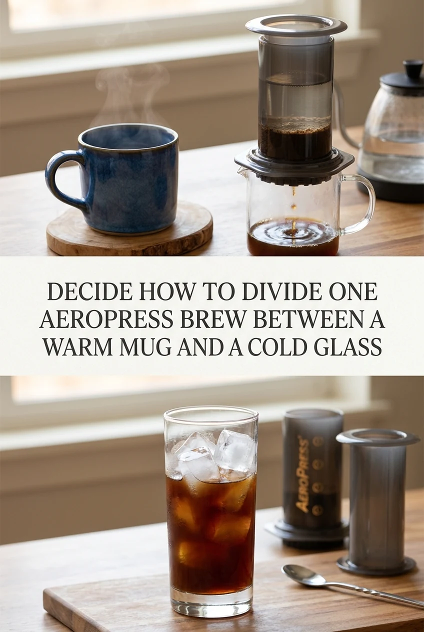 Decide How to Divide One Aeropress Brew Between a Warm Mug and a Cold Glass — AI-generated editorial illustration