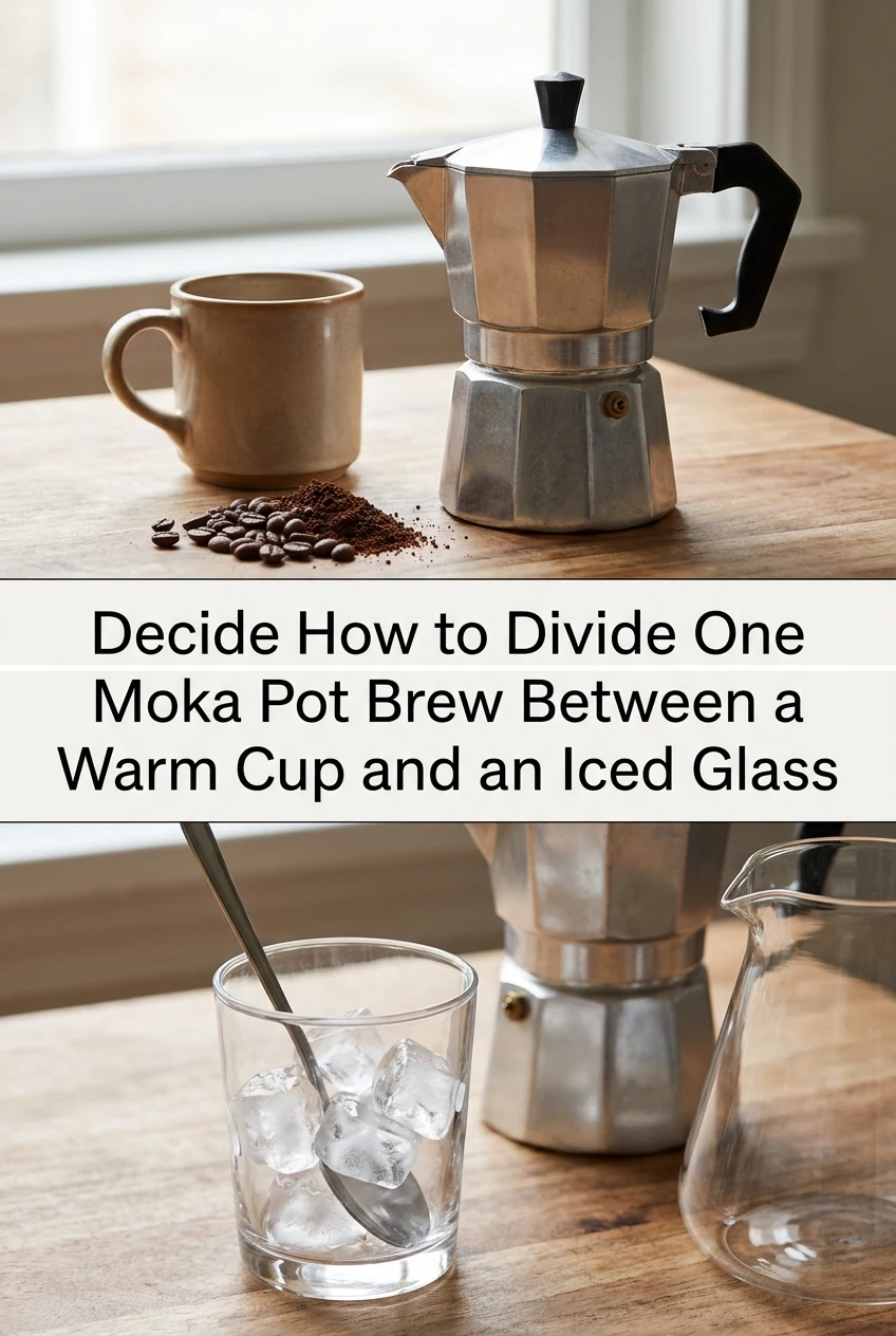 Decide How to Divide One Moka Pot Brew Between a Warm Cup and an Iced Glass — AI-generated editorial illustration