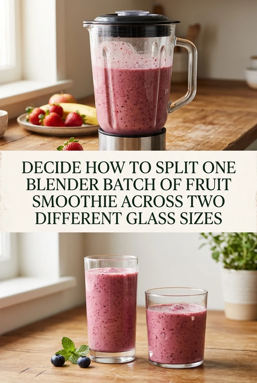 Decide How to Split One Blender Batch of Fruit Smoothie Across Two Different Glass Sizes — AI-generated editorial illustration