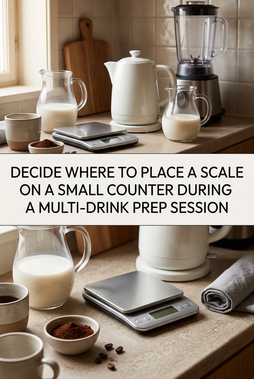 Decide Where to Place a Scale on a Small Counter During a Multi-Drink Prep Session — AI-generated editorial illustration