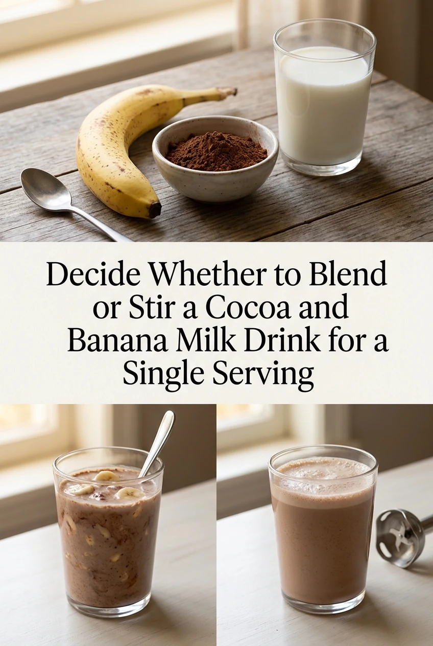 Decide Whether to Blend or Stir a Cocoa and Banana Milk Drink for a Single Serving — AI-generated editorial illustration