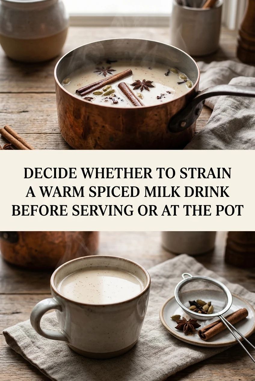 Decide Whether to Strain a Warm Spiced Milk Drink Before Serving or at the Pot — AI-generated editorial illustration