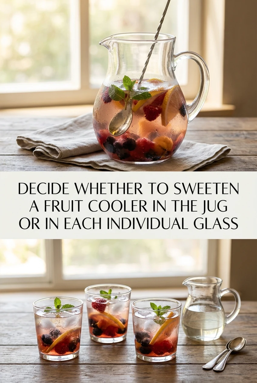 Decide Whether to Sweeten a Fruit Cooler in the Jug or in Each Individual Glass — AI-generated editorial illustration