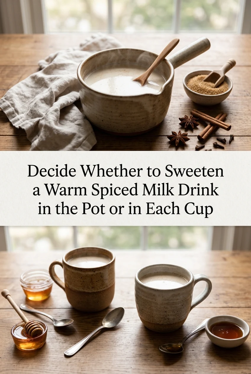Decide Whether to Sweeten a Warm Spiced Milk Drink in the Pot or in Each Cup — AI-generated editorial illustration