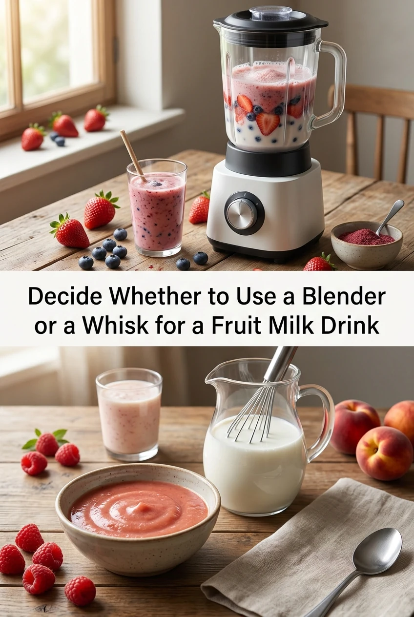 Decide Whether to Use a Blender or a Whisk for a Fruit Milk Drink — AI-generated editorial illustration