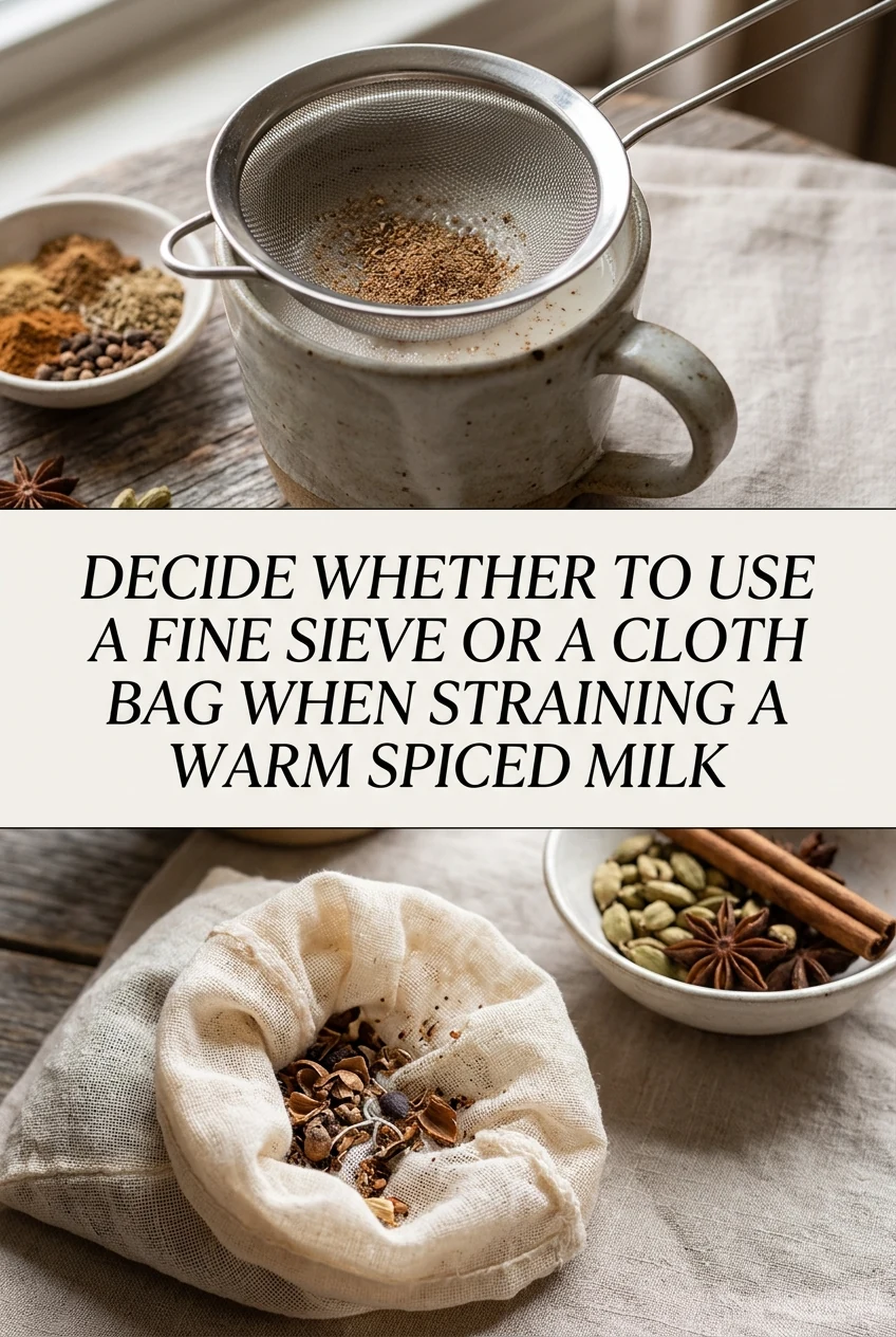 Decide Whether to Use a Fine Sieve or a Cloth Bag When Straining a Warm Spiced Milk — AI-generated editorial illustration