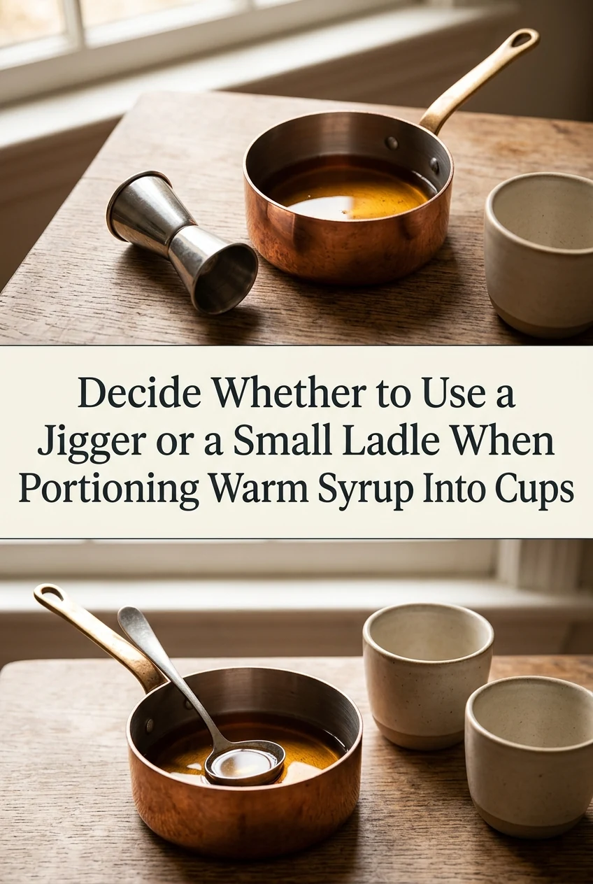 Decide Whether to Use a Jigger or a Small Ladle When Portioning Warm Syrup Into Cups — AI-generated editorial illustration