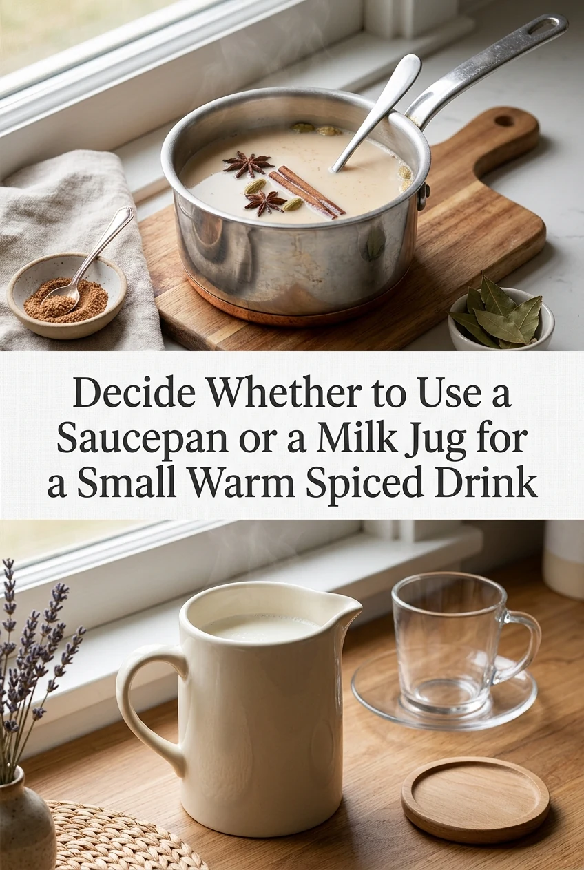 Decide Whether to Use a Saucepan or a Milk Jug for a Small Warm Spiced Drink — AI-generated editorial illustration